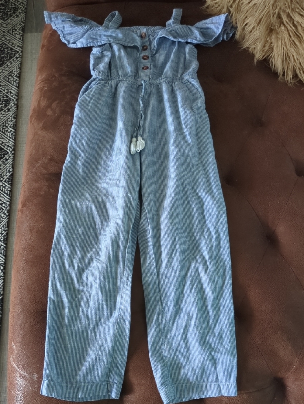 Japna Light Blue Striped Girls One-Piece Jumpsuit